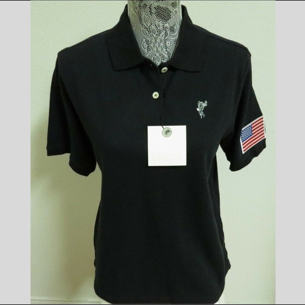 NWT Sz M Black Women Golf Polo w/ American Flag